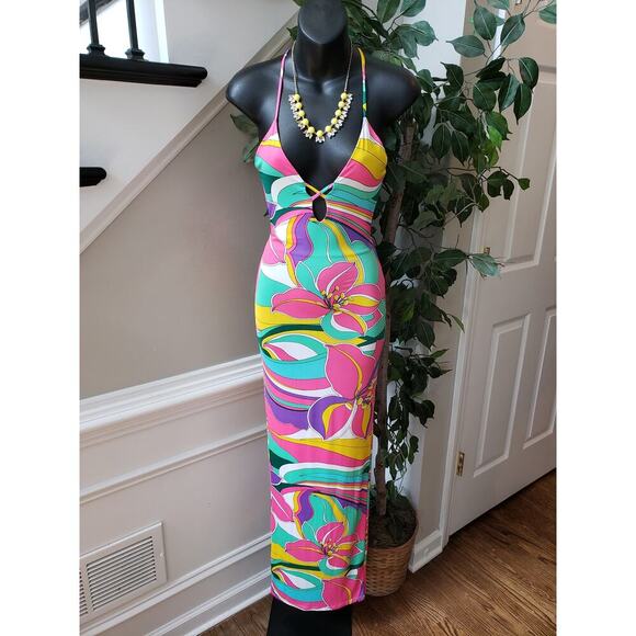 Spring Haze Long Maxi Dress Women's S Multicolor Floral Cutout Open Back V Neck - Picture 1 of 11
